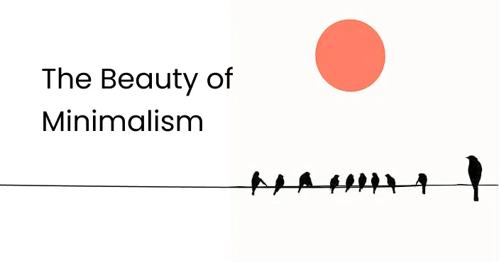 Title card: 'The Beauty of Minimalism' — birds on a wire, a tight cluster of small ones and a single larger bird apart from them, beneath an orange sun.