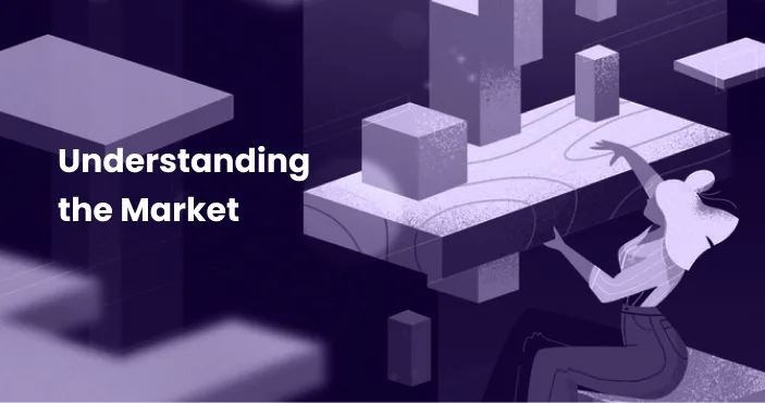 Title card: 'Understanding the Market' — a person climbing between floating blocks arranged like an abstract cityscape.