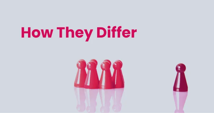 Title card: 'How They Differ' — four identical red game pieces clustered together, one darker piece standing apart.
