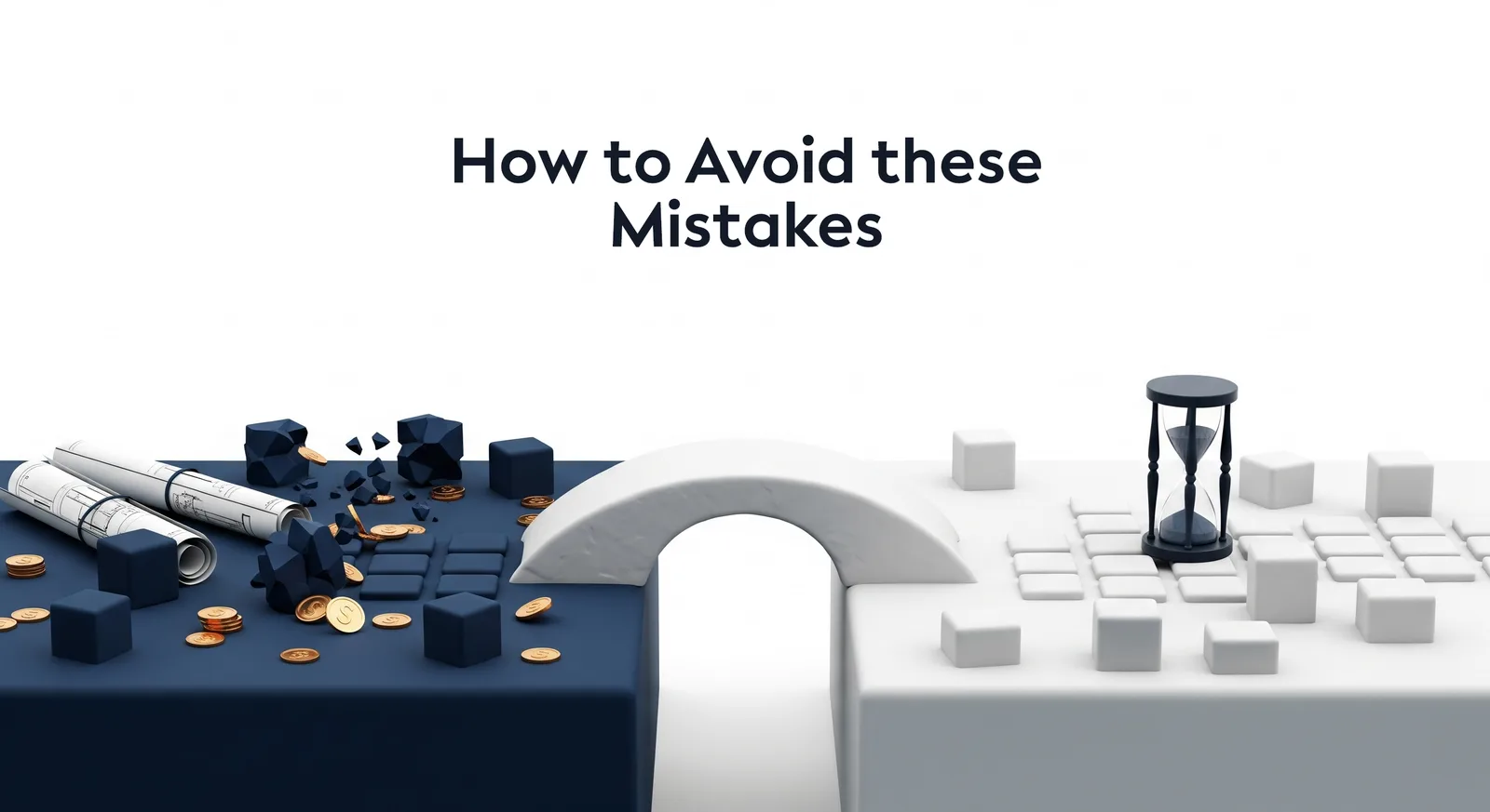 Title card: 'How to Avoid these Mistakes' — a bridge joining two surfaces: one cluttered with scattered blueprints, broken shapes and spilled coins, the other ordered and clear with an hourglass on it.