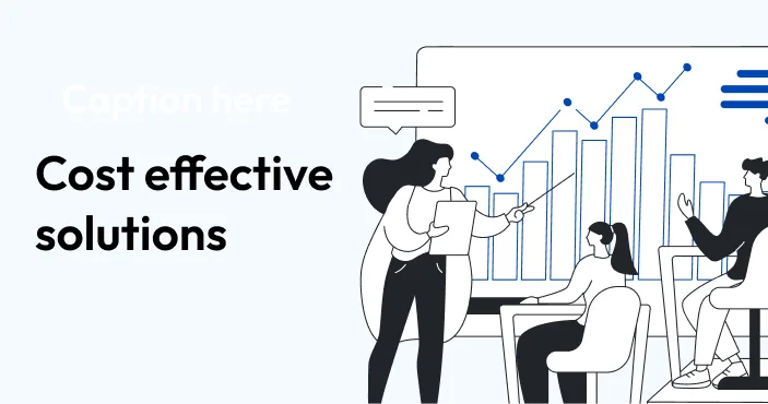 Title card: 'Cost effective solutions' — a person presenting a rising bar chart to two seated colleagues. A leftover 'Caption here' placeholder is visible in the artwork.